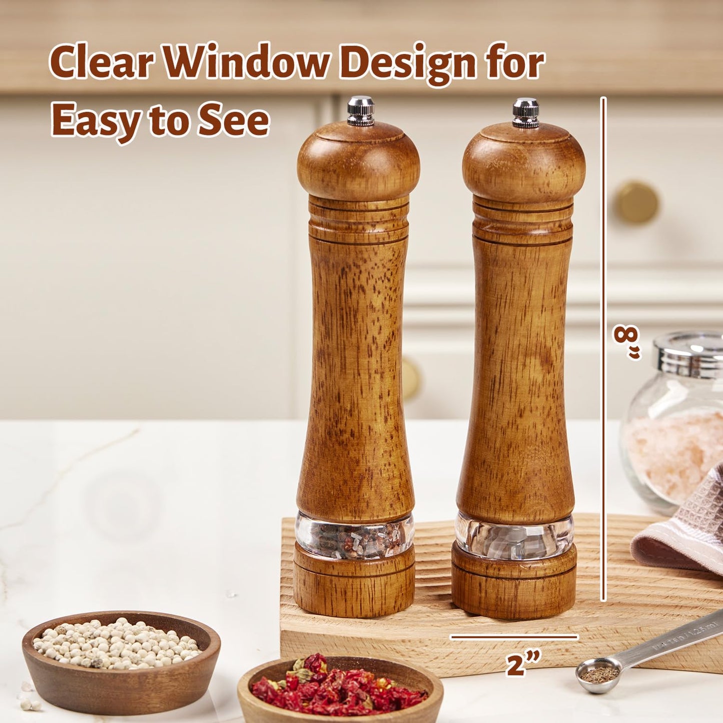 ROCKSHEAT Wooden Pepper Grinder Set of 2, 8 Inch Beech Wood Pepper Mills with Stainless Steel Core, Manual Pepper Grinder with Comfort Grip & Effortless Grinding for Kitchen Cooking