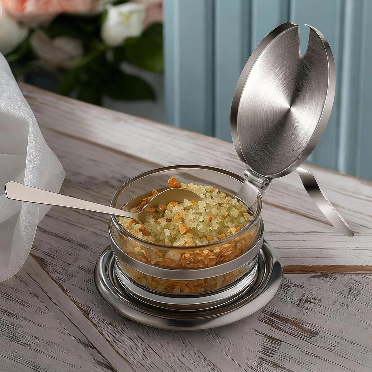 Stainless Steel Salt Cellar with Spoon & Lid, Heavy Duty Salt Container for Countertop, Seasoning Storage Jar for Sea, Kosher, Pepper, Candy