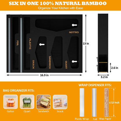 DALSHABET Bamboo Bag Organizer with Magnetic Closure, 6 In 1 Kitchen Drawer Foil and Plastic Wrap Dispenser with Cutter, Storage bag for Gallon, Quart, Sandwich, Snack Black