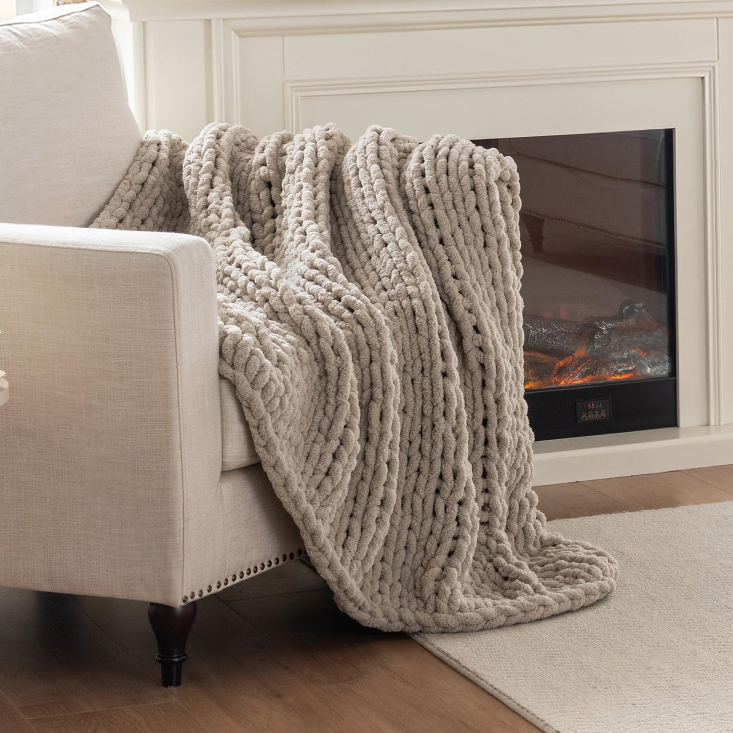 LAST MODA Chunky Knit Blanket Throw, 100% Hand Knit Throw Blanket Handmade Chenille Cable Knit Throw for Couch, Stylish Cozy Soft Rope Knot Crochet Blanket for Home Decor, Beige Linen, 50x60 Inches