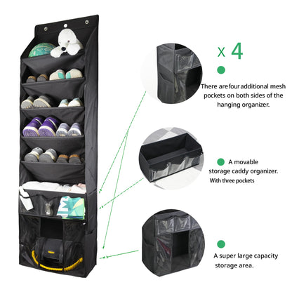 3in1 Over The Door Shoe Organizer with 5 Slanted Compartments,Removable Storage Bin & Transparent Pockets,Thickened Waterproof Oxford Fabric Shoes Rack for Shoes,Boots,Toys,Daily Essentials. (Black)