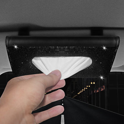 【2024 Upgraded】 Bling Car Sun Visor Tissue Box with Refills Paper Towels, PU Leather Backseat Mask Case,Crystal Sparkling Napkin Holder, Handmade Decoration Accessories for Women,Girls,Ladies as Gift