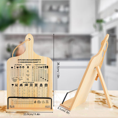 comfoyar Cookbook Stand for Kitchen Counter, Sturdy Recipe Book Holder with Adjustable Angle, Foldable Wood Cook Book Stand Holder with Measurement Conversion Chart for Baking, Easy Storage