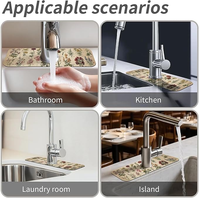 Kitchen Sink Splash Guard，Vintage-wildflowers Faucet Mat Sink Gadgets-Super