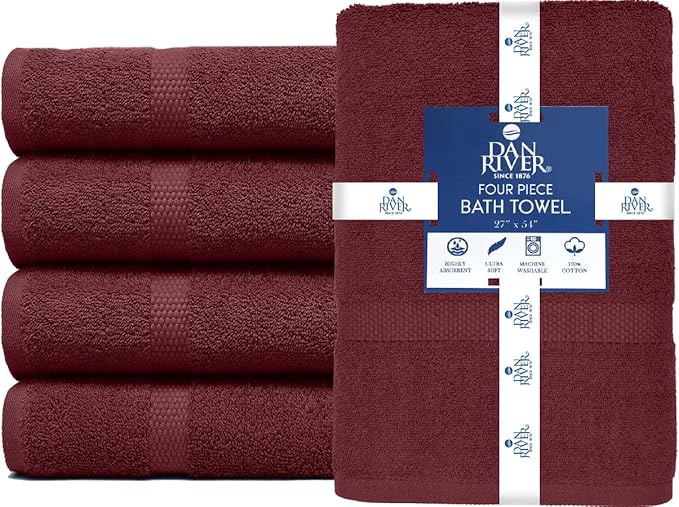 DAN RIVER Bath Towels Set of 4, 27 x 54 Inches, 100% Cotton, Larger & Lighter