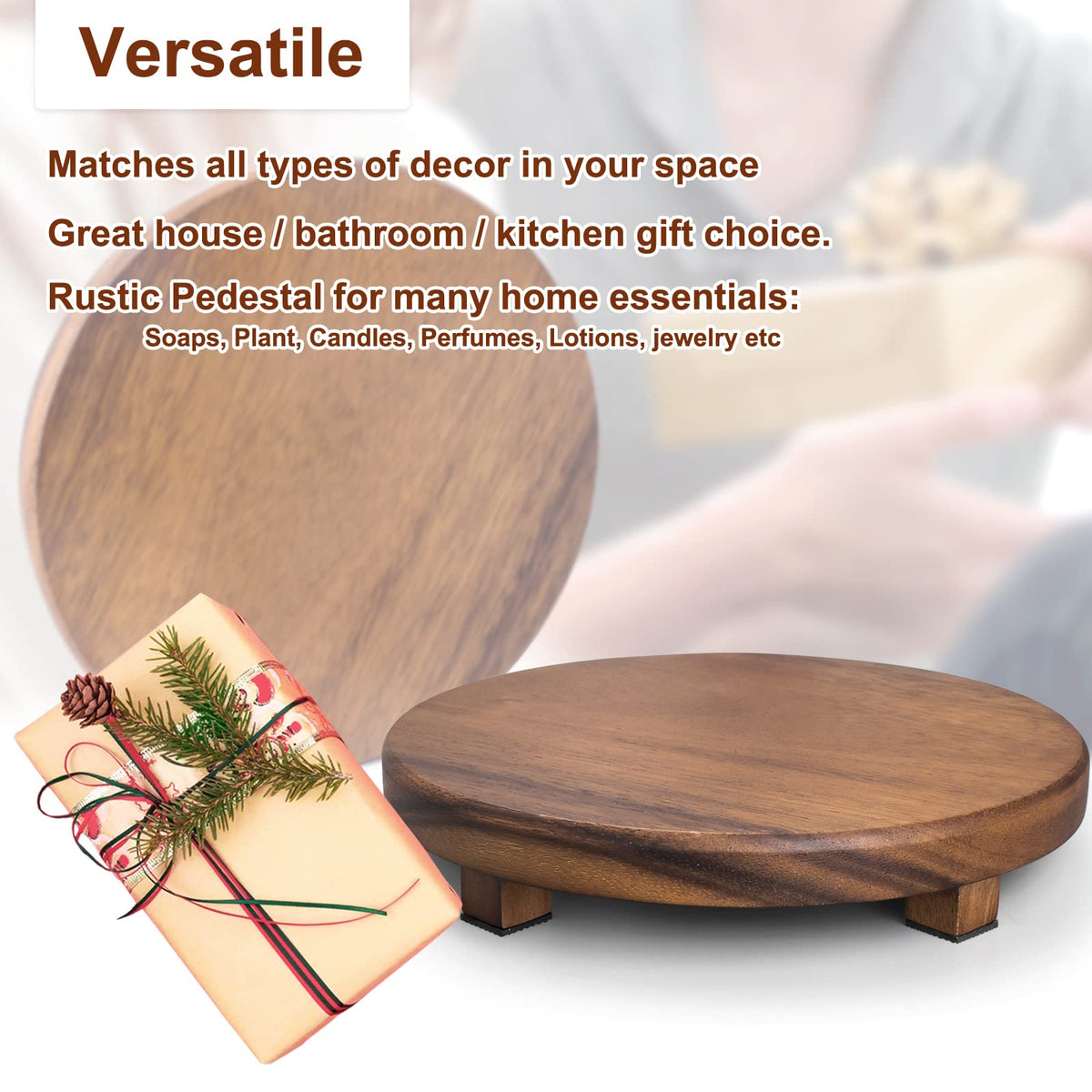 kulusion Walnut Wood Pedestal Stand, 9.06" Round Wood Riser for Kitchen Counter, Farmhouse Soap Tray Wooden Display Riser for Decor, Plant, Bottle, Cake Stand
