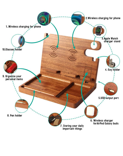 JuncaiTech Nightstand Organizer with 4 Wireless Charger for 2 iPhone/Android Phone,Apple Watch,Airpod,Wood Phone Docking Station,27W Fast Wireless Charging Station,Wallet/Key Holder,Gifts for Dad/Men