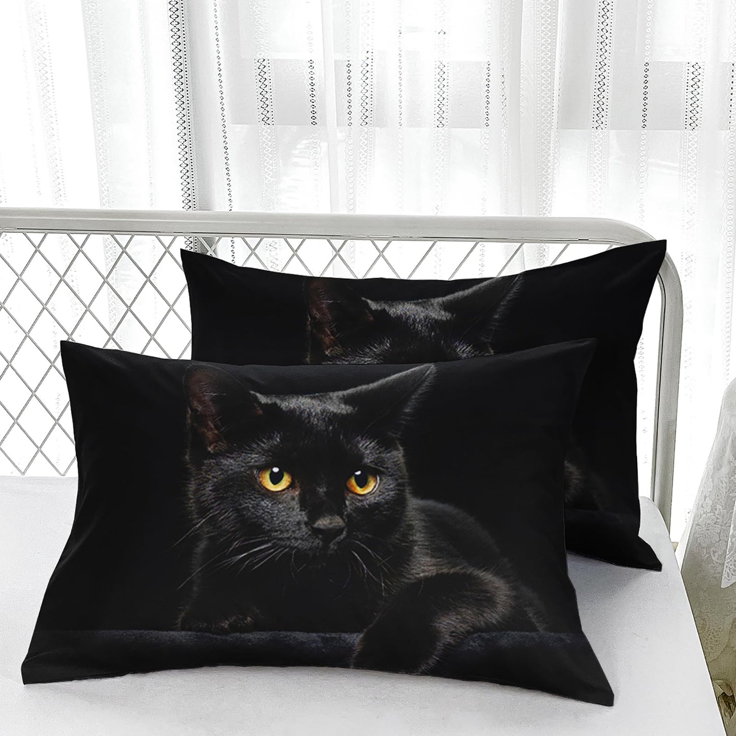 Nttopship Black Cat 4 Pieces Bed Sheets Soft Microfiber,Bedding Set Fitted Sheet Deep Pockets Top Flat Sheet Room Decor Animals Queen Size with 2 Pillowcases for Girls and Boys