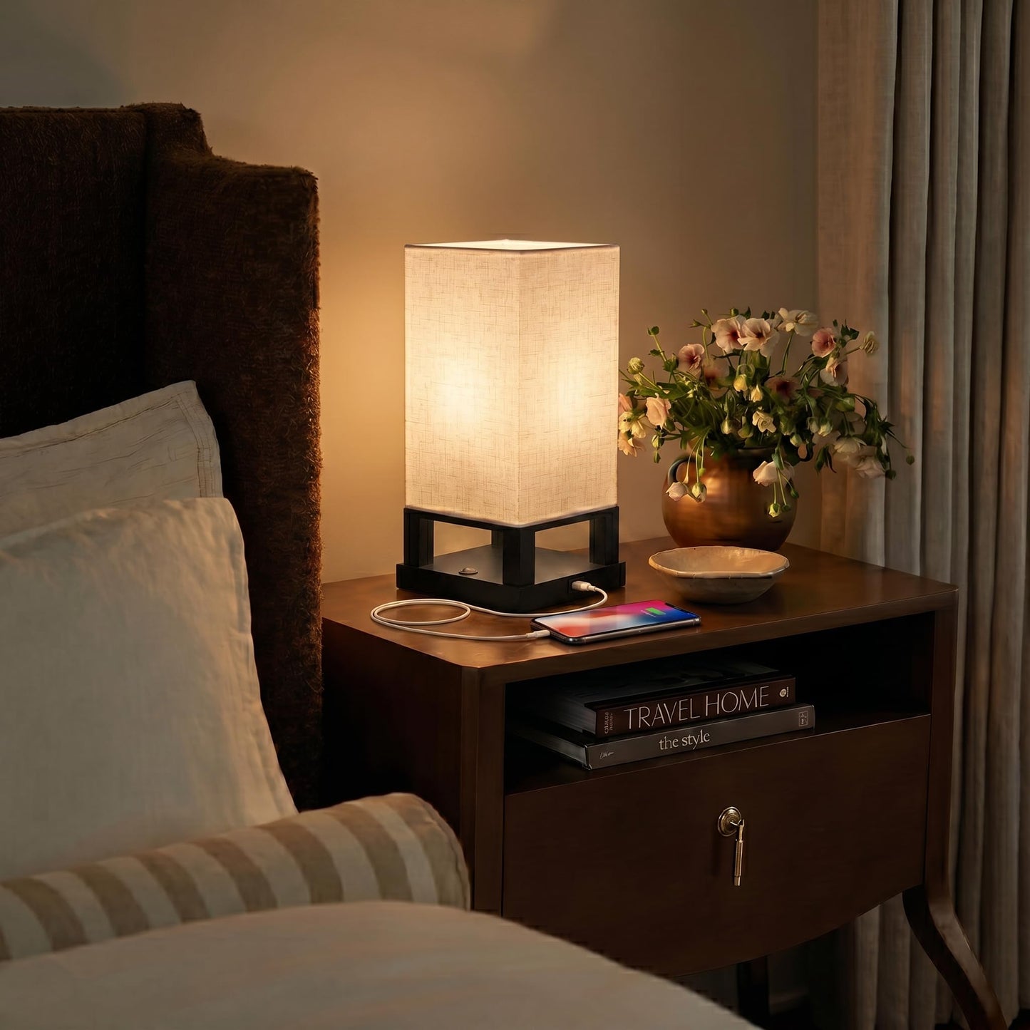 Brightech Maxwell Bedside Lamp with USB Port – Compact Table Lamp for Bedroom, Living Room - Modern Asian Nightstand Lamp with Wood Frame - LED Bulb, Soft Light - Black