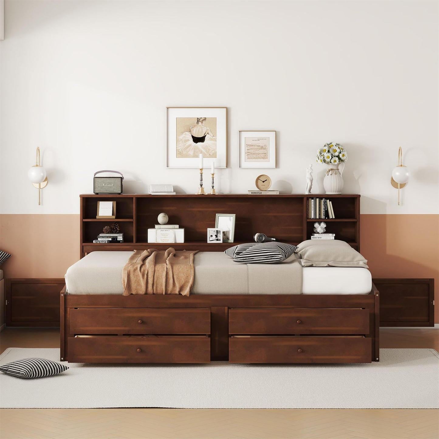 Merax Wooden Captain Bed Frame with Storage,Full Size Platform Bed with Built-in Storage Shelves,4 Drawers and 2 Cabinets,Full Size Daybed for Living Room