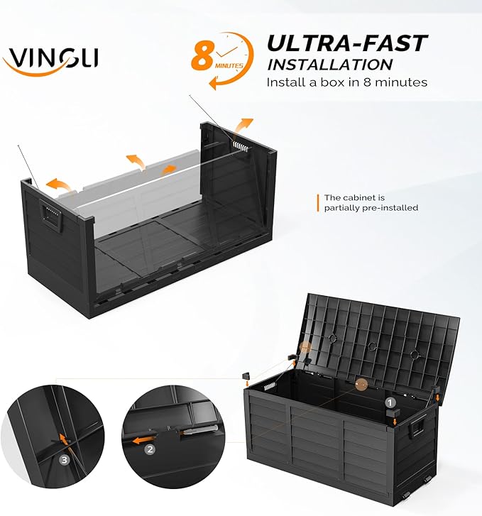 VINGLI 75 Gallon Collapsible Outdoor Storage Box, Simple-to-assemble Plastic Storage Containers with Lid, Patio Deck Box Furniture for Garden, Pool, Balcony, Yard (Full Black)