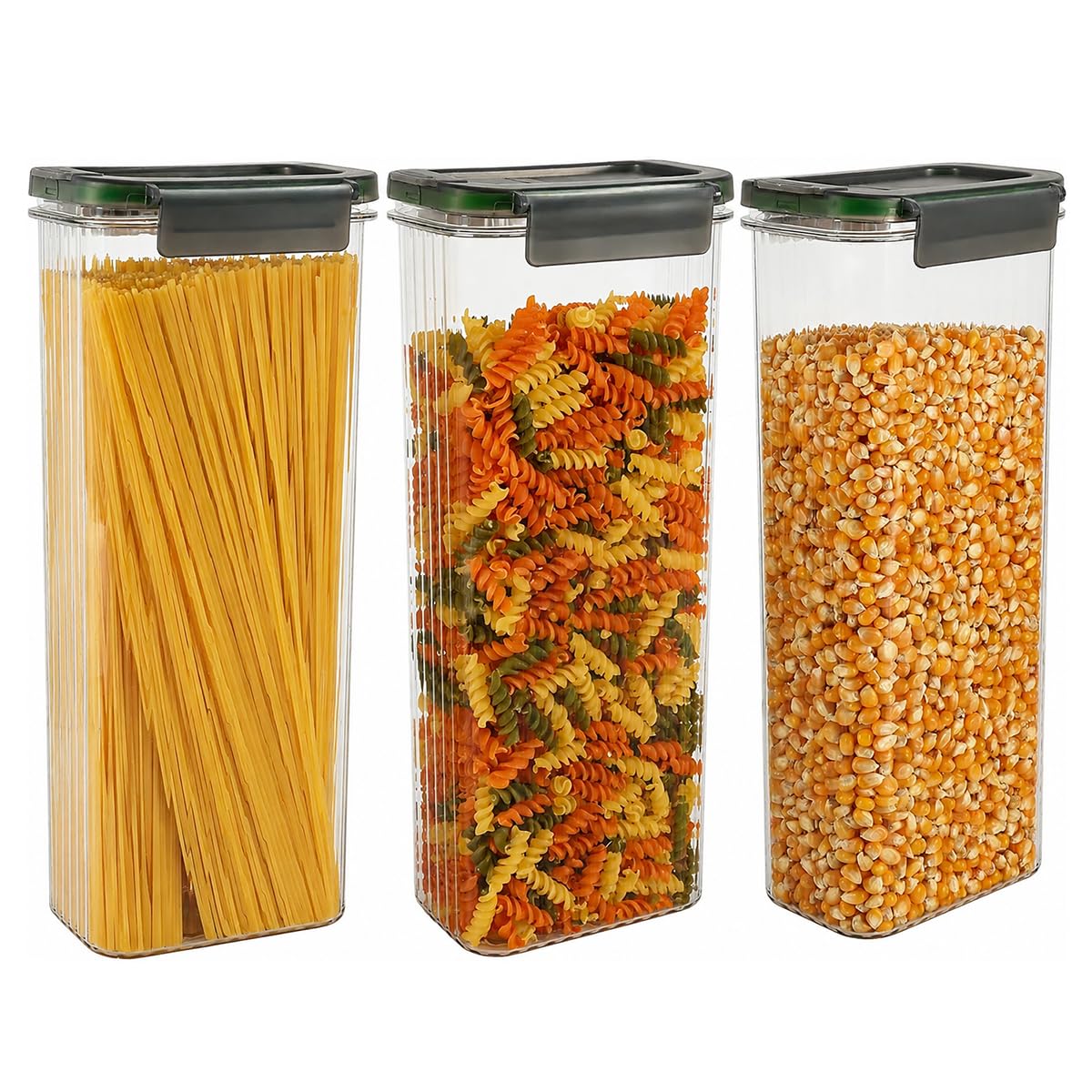 Plastic Pasta Containers, Spaghetti Container Storage, 74oz Set of 3 with Easy-Seal Lid, Pasta Storage Containers, Airtight Square Food Storage Jars for Spaghetti, Pasta, Flour, Oats, Cereal.