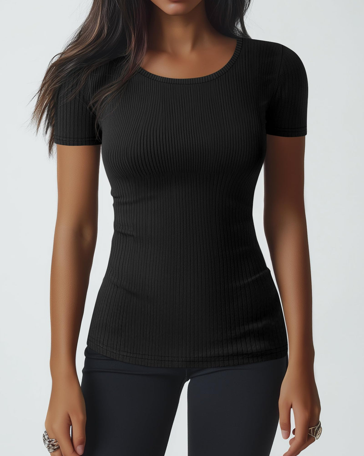 Ficerd 3 Pack Women's Short Sleeve T Shirts, Crew Neck Ribbed Knit Tops for Summer Casual Solid Tee Slim Fitted Basic Shirts(Black, Navy Blue, Fuchsia,X-Large)