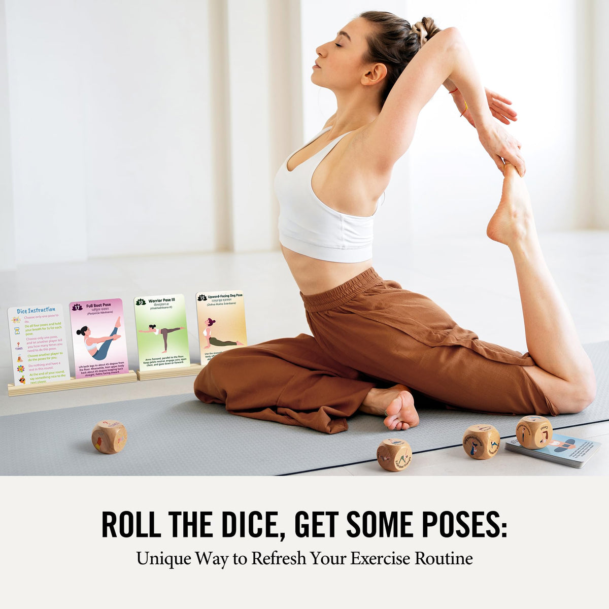 Homotte Yoga Cards and Wooden Yoga Dice Set for Beginners, Kids Yoga Accessories Pose Workout Kit with 4 Dice, 8 Card Holder, Gift for Women