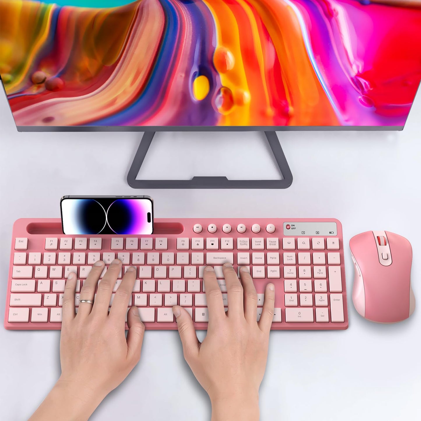 Wireless Keyboard and Mouse Combo, MARVO 2.4G Ergonomic Wireless Computer Keyboard with Phone Tablet Holder, Silent Mouse with 6 Button, Compatible with MacBook, Windows (Black)