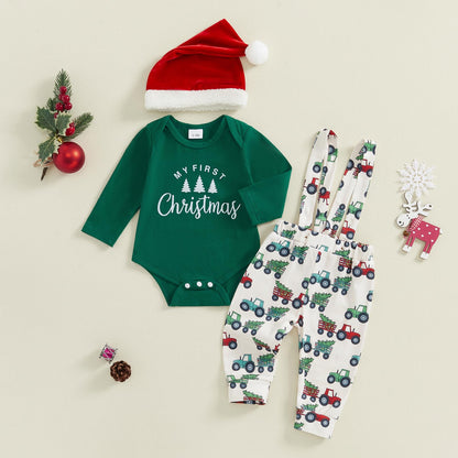 BeQeuewll Christmas Newborn Baby Boy 3PCS Clothes Set Infant Long Sleeve Romper Cute Pattern Suspender Pants Overalls Outfits (Green, 9-12 Months)