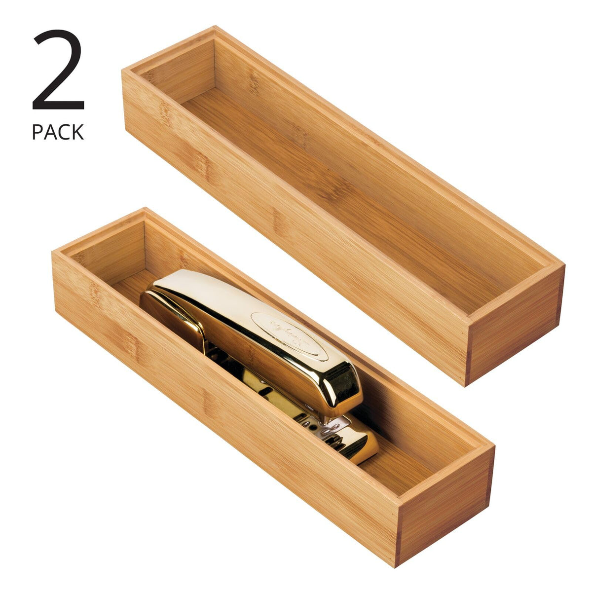 mDesign Slim Wooden Bamboo Drawer Organizer for Office - 12" Long Stackable Storage Box Tray for Desk Drawers/Cabinet - Junk Drawer and Accessories Organization - Echo Collection, 2 Pack, Natural Wood
