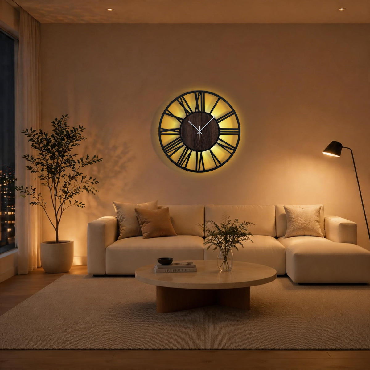 Jassurance Large Lighted Wood Wall Clock Remote Control, Roman Numeral Modern Decorative Clock with Silent Movement, Battery Operated Clocks for Living Room Decor
