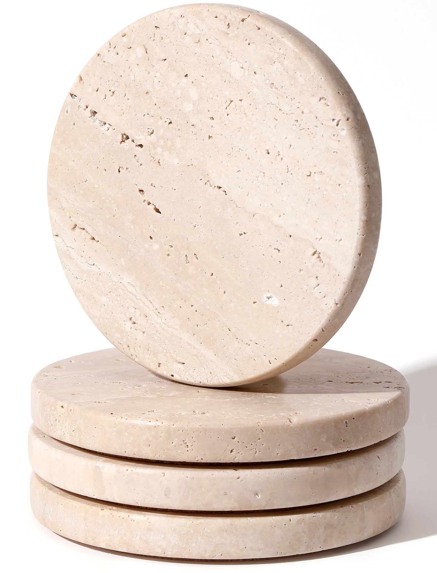 Beige Travertine Coasters Set of 4,Marble Absorbent Coasters 4 '',Ideal for Housewarming Gifts, Anniversaries, Office Decorations - Protects countertops - Sturdy and Durable, Beautiful and Generous