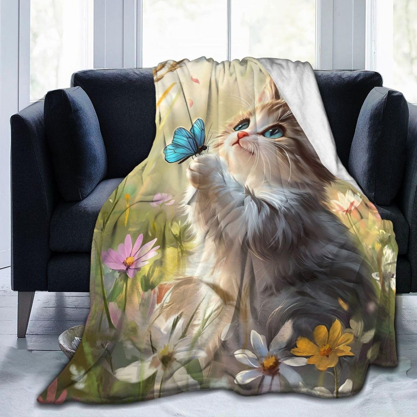 Baegopa Cat Blanket Gifts for Girls Boys Blue Butterfly Throw Blankets Cozy Plush Cute Flower Fleece Lightweight Flannel Fuzzy 50"X40"