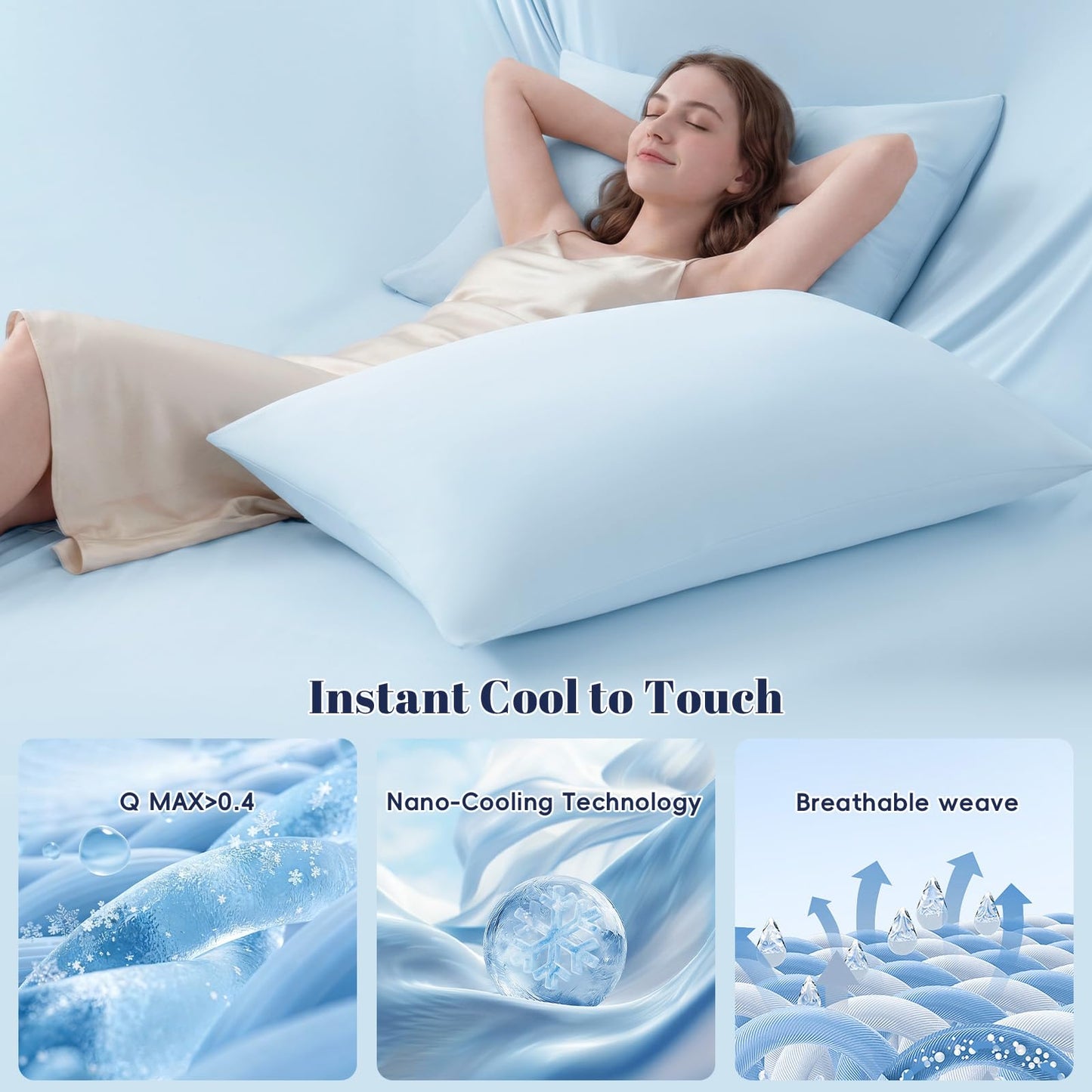 PHF Cooling Fitted Sheet Set Queen Size for Hot Sleepers, Q-Max > 0.4, Silky Soft & Breathable, Ideal for Night Sweats & Summer, 1 Fitted Sheet & 2 Pillowcases, Fits Up to 16", Ice Blue