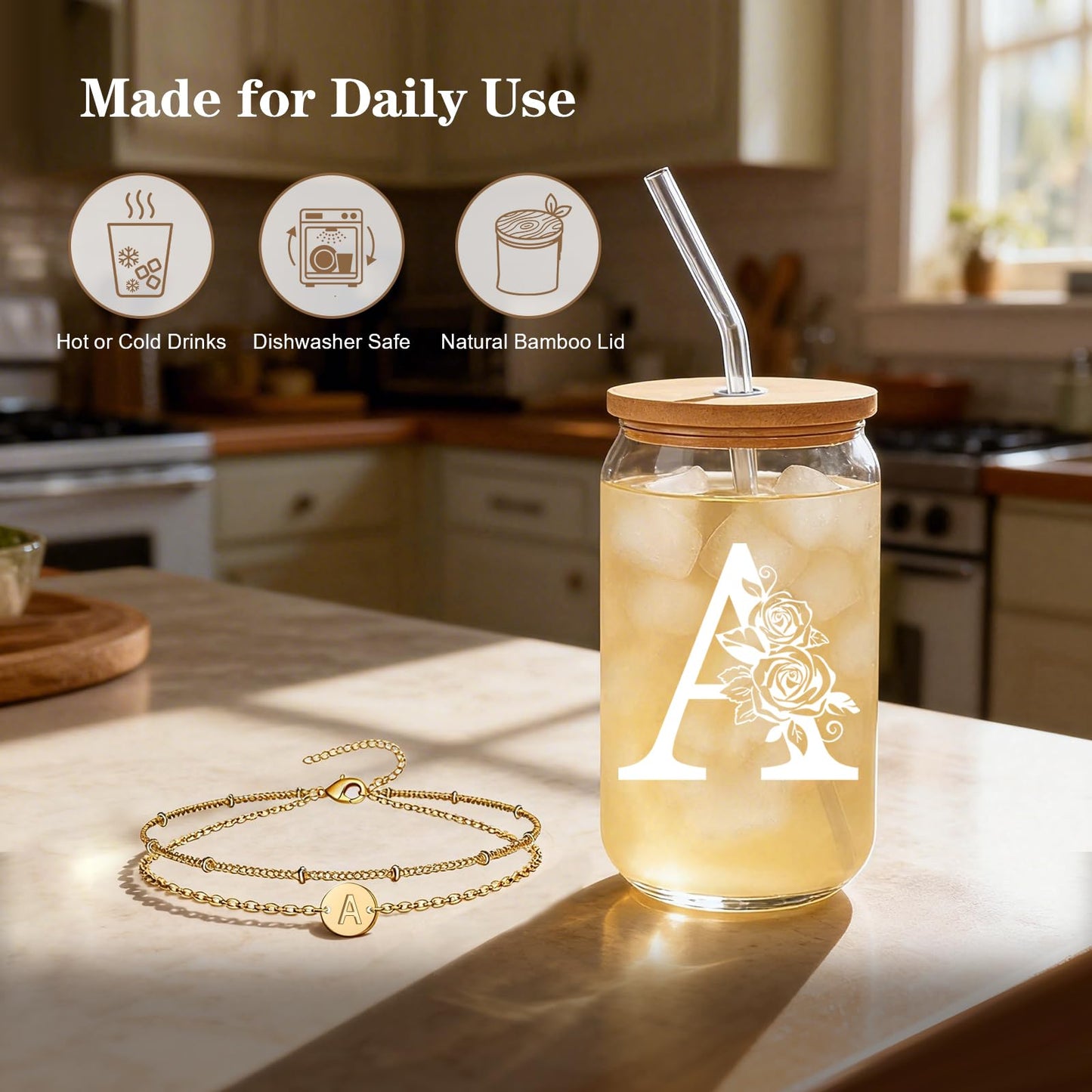 DAMCONME Friendship Gifts for Women, Initial Glass Cup and Bracelet Gift Set, Personalized Ready to Gift Letter Gift for Bestie, Women Friends and Special Occasions