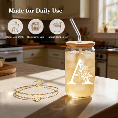 DAMCONME Friendship Gifts for Women, Initial Glass Cup and Bracelet Gift Set, Personalized Ready to Gift Letter Gift for Bestie, Women Friends and Special Occasions