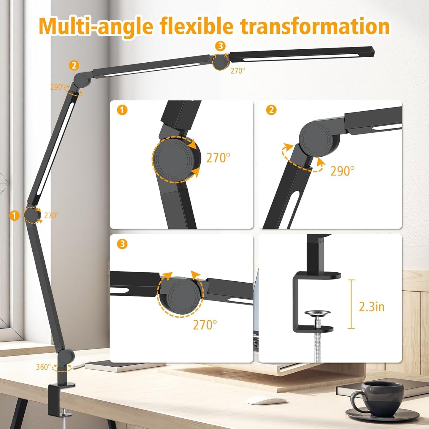 AILBTON Bright LED Desk Lamp with Clamp,Eye Caring Architect Led Desk Lights with Adjustable Swing Arm for Office Home,Dimming and Tempering Led Table Light