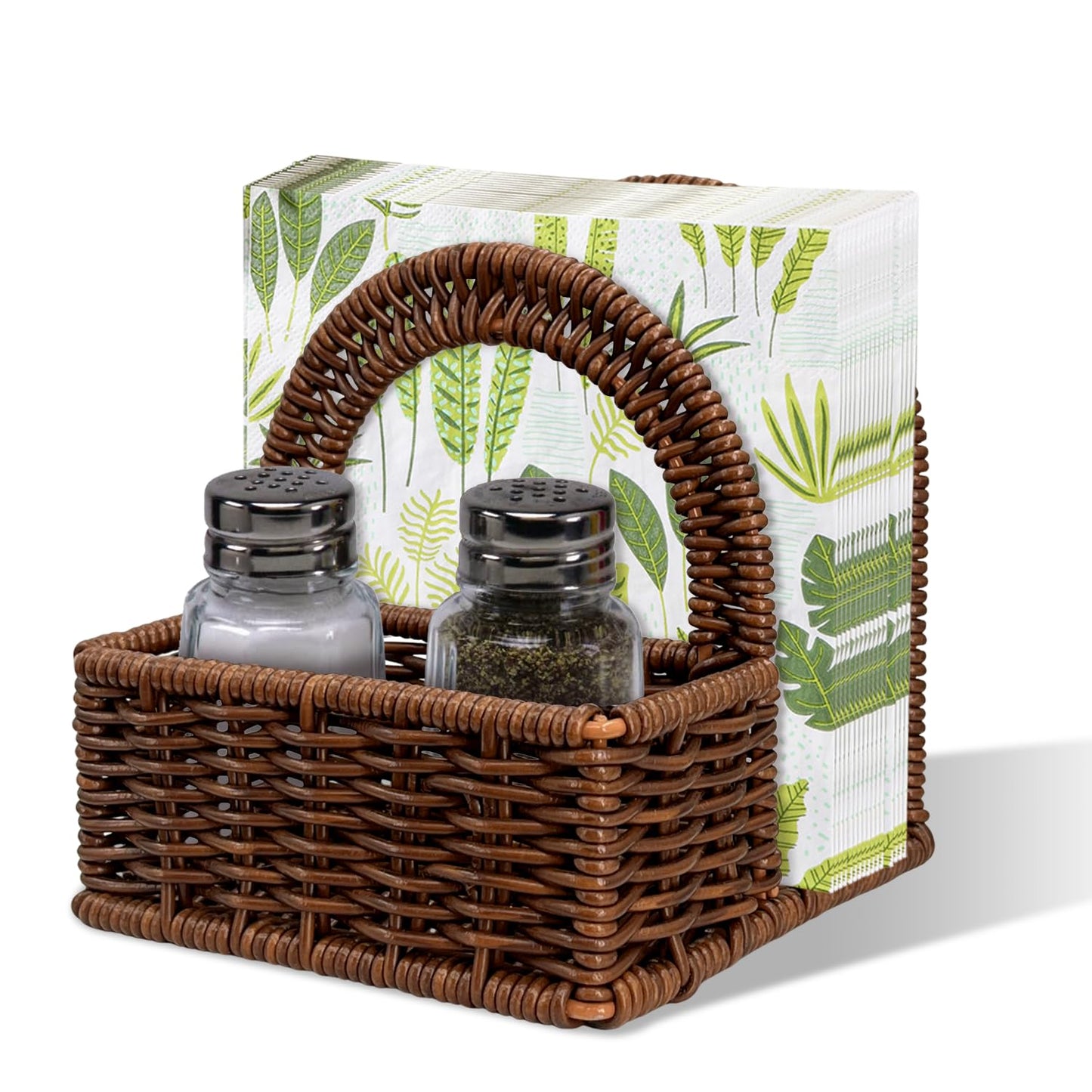 Plastic Rattan Napkin Holder with Salt and Pepper Shakers Holder for Table, Kitchen countertop Organizer - Multi-Functional Storage(Without Salt, Pepper Shakers & Napkins)