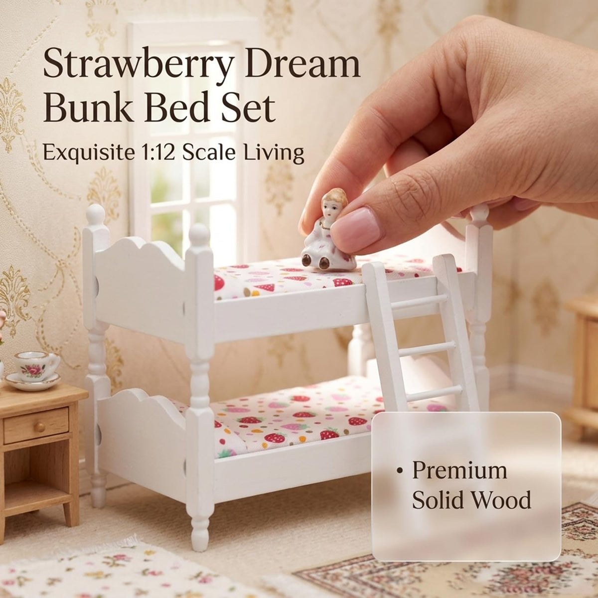 Z MAYABBO Wooden Dollhouse Furniture of Baby bunk Bed with Ladder for Miniature Dollhouse Accessories - 1/12 Scale