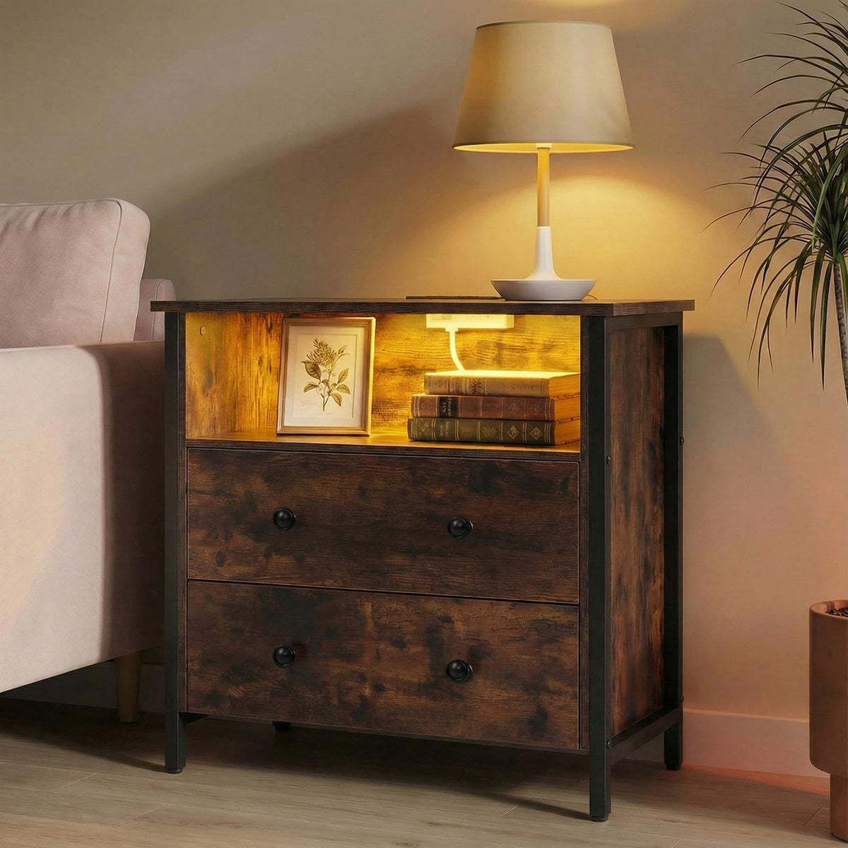Tykacna 27 Inch Wide Night Stand, Large Wood Night Stand with 2 Drawers, LED Nightstand with Charging Station and Adjustable Drawer, Bedside Table for Living Room/Bedroom/Study/Office, Retro.