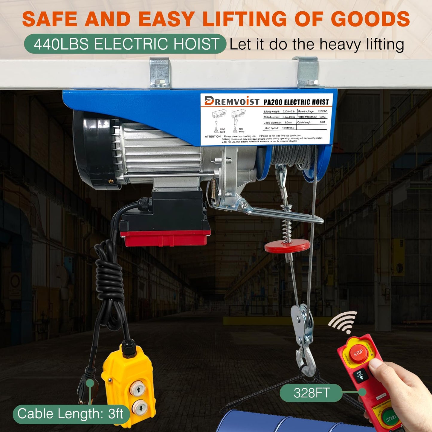 Dremvoist Electric Hoist with Remote Control,440lbs Lift Electric Hoist 110 Volt Wireless/Wired 2 in 1,Electric Hoist Winch with 33/66FT Lifting Height,Factories,Garage,Construction Site,Warehouses