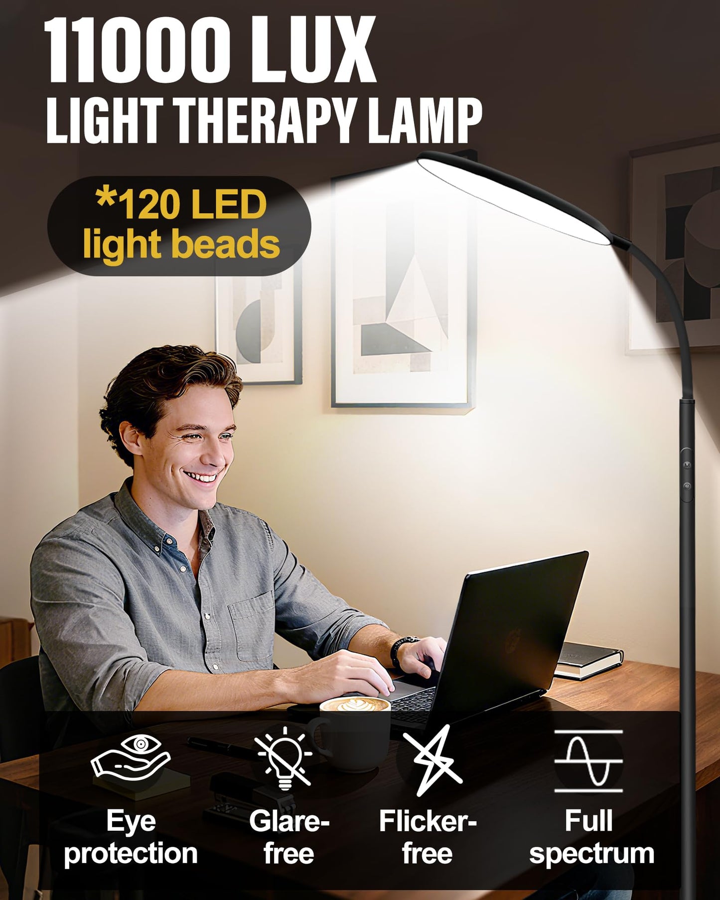 LanAqua Light Therapy Lamp, 11000 Lux UV-Free Happy Therapy Lamp with Touch & Remote Control, Full Spectrum Sunlight Lamp with 10 Brightness & 3 Color Temperatures, Light Therapy Floor Lamp with Timer