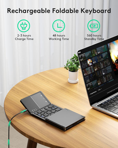 Samsers Foldable Bluetooth Keyboard with Touchpad - Portable Wireless Keyboard with Holder, Rechargeable Full Size Ultra Slim Pocket Folding Keyboards for Android Windows iOS Tablet & Laptop - Black