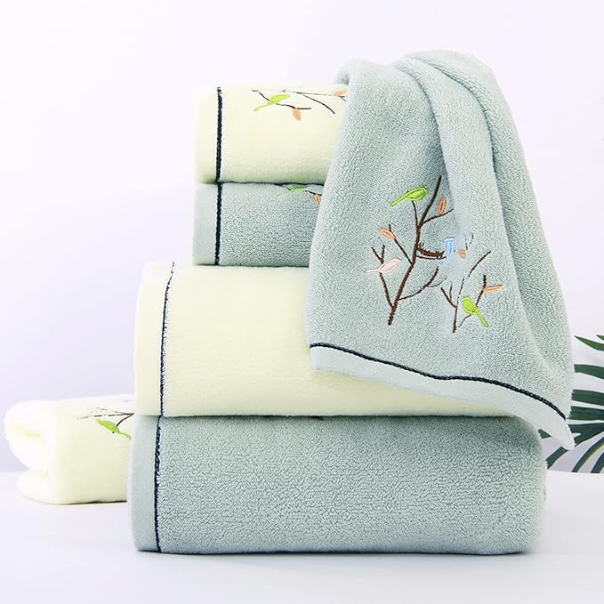 Pidada Bath Towel Embroidered Bird Tree Pattern 100% Cotton Soft Absorbent