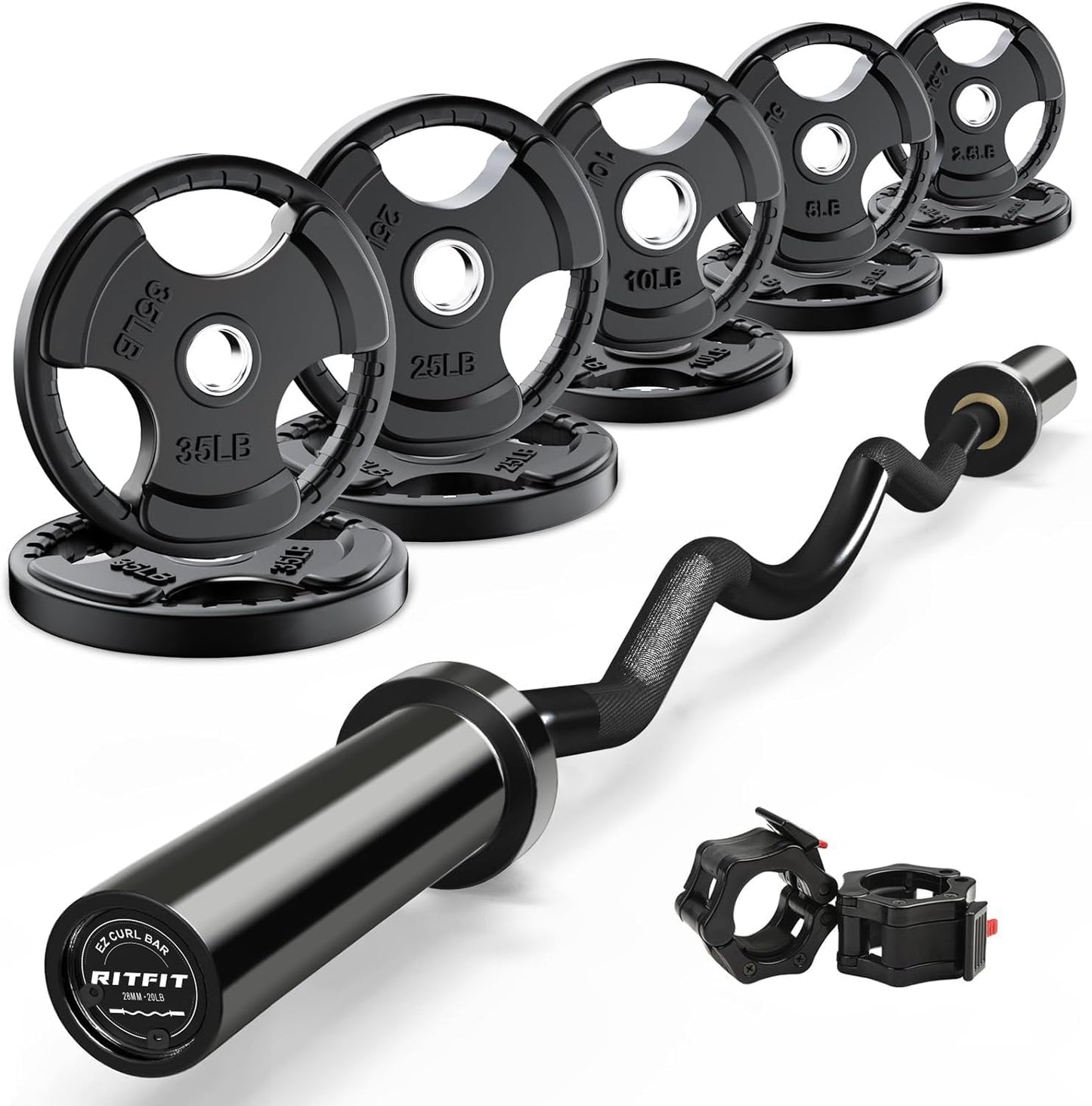 RitFit 2 Inch EZ Curl Bar with Weights, 350LBS Weight Capacity Olympic Curl Barbell for Bicep, Tricep and Weight Lifting Exercises, with 155LBweights
