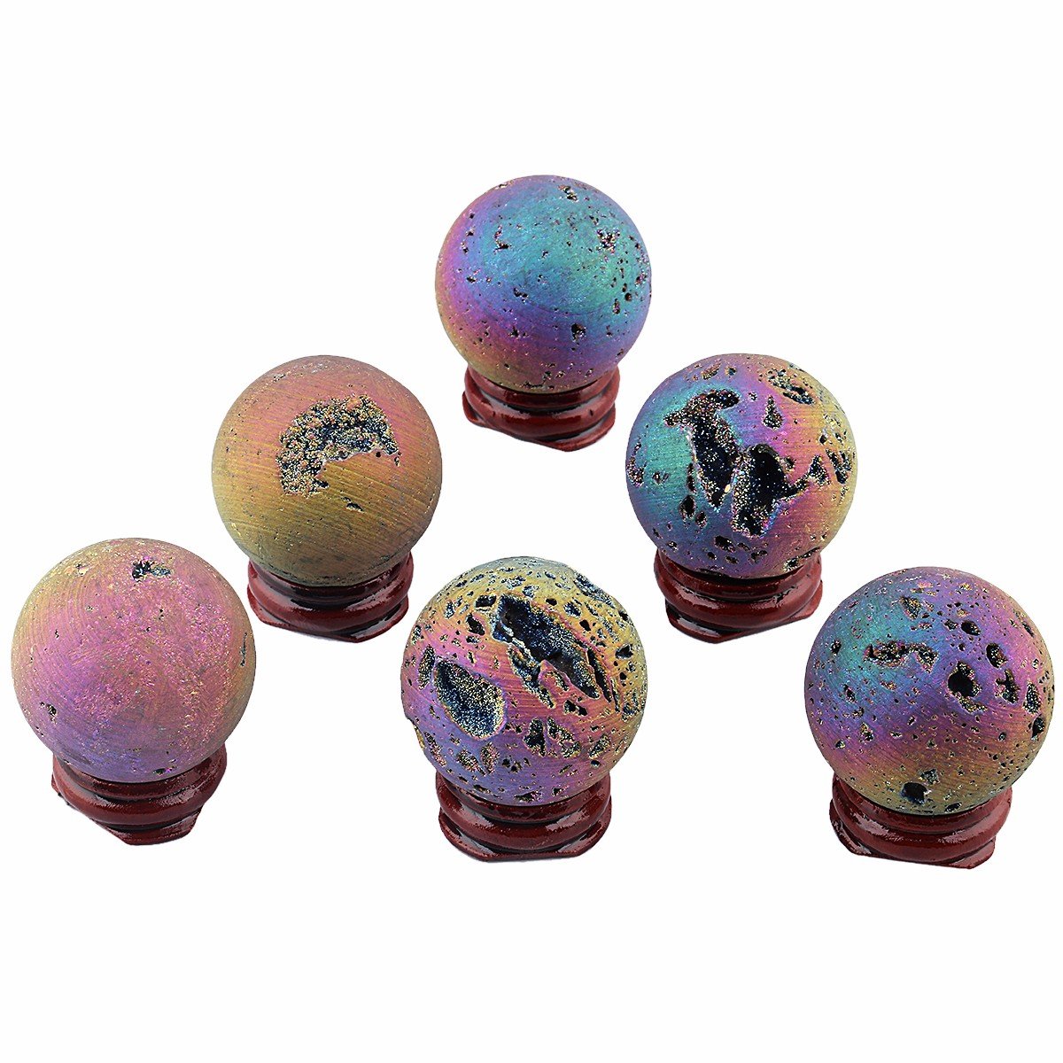 SUNYIK Pack of 2 Rainbow Titanium Coated Druzy Geode Sphere Ball Sculpture & Natural Rose Quartz rystal Ball with Stand