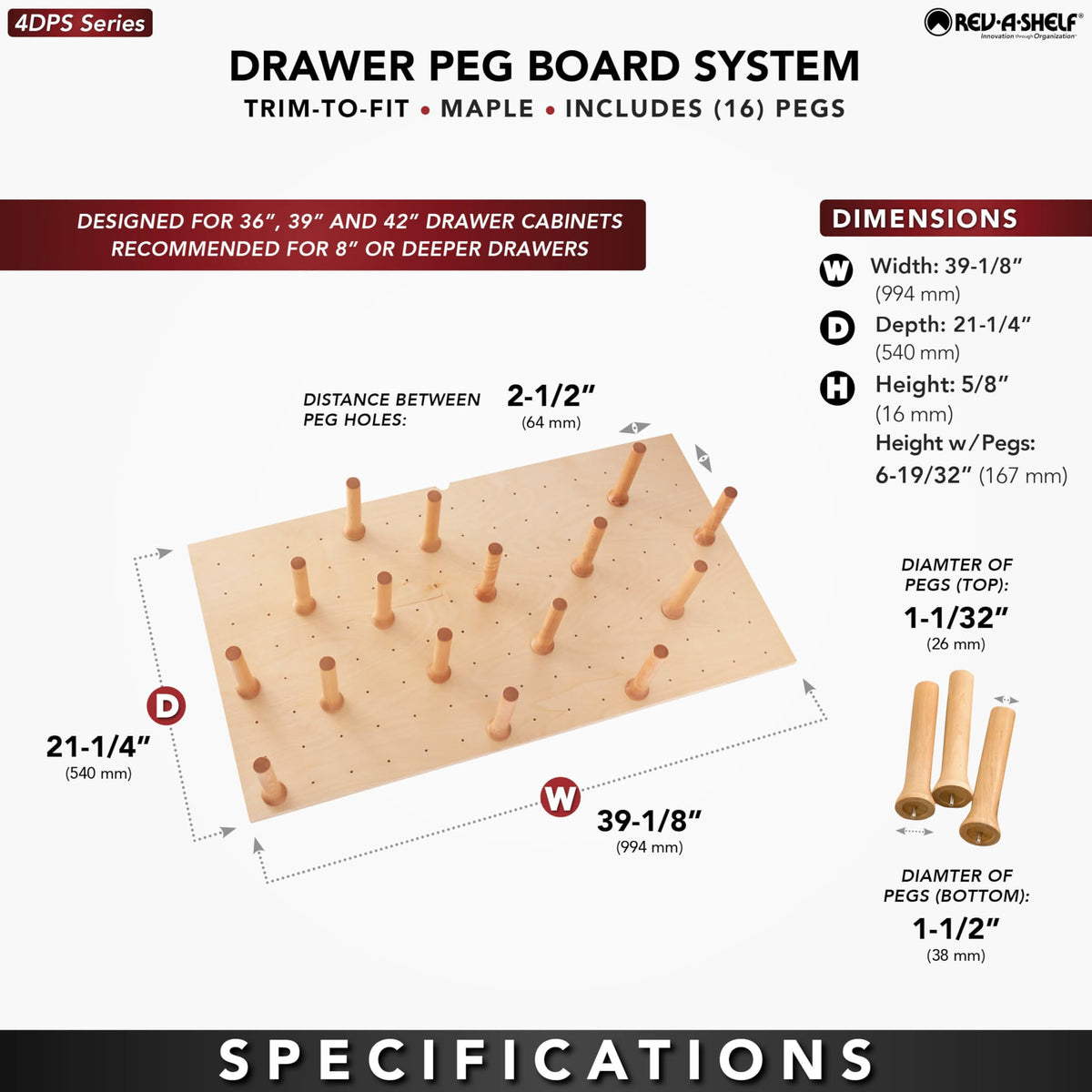 Rev-A-Shelf Pegboard Drawer Divider Organizer, Trim to Custom Fit Wooden Kitchen Cabinet Storage Utensil, Pots & Dish Rack, 39" x 21", 4DPS-3921