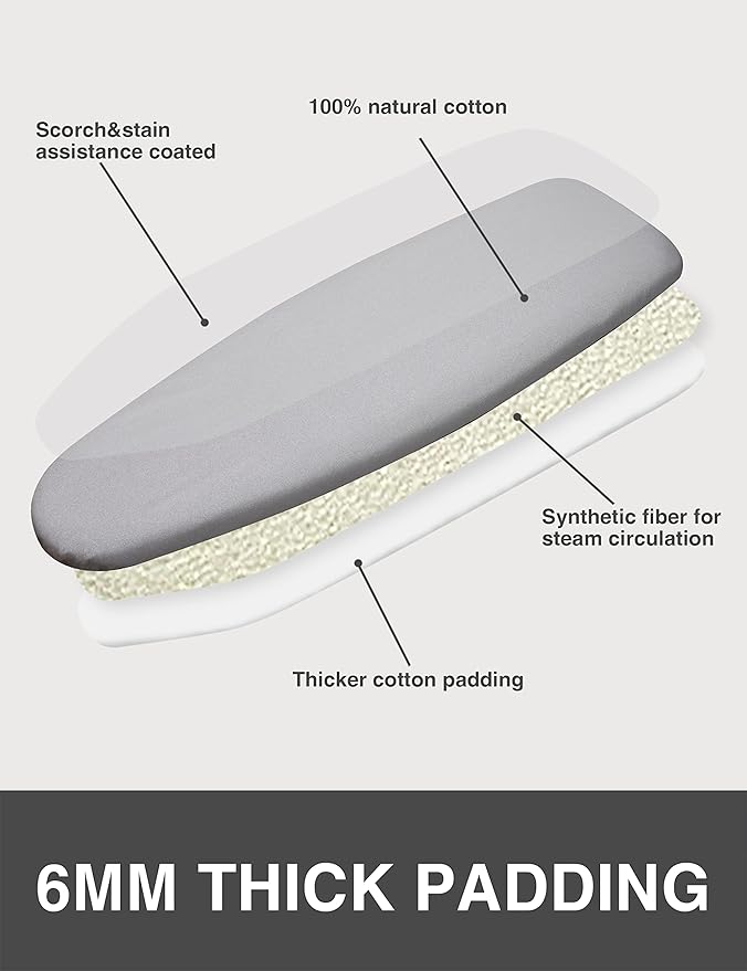 Ironing Board Cover and Pad 18"x49" Extra Wide Natural Cotton, Scorch and Stain