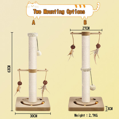 AUSCAT Cat Scratching Post with Multiple Interactive Toys, Vertical Sisal Cat Scratcher for Indoor Cats and Kittens- 63 cm 25 inches Beige