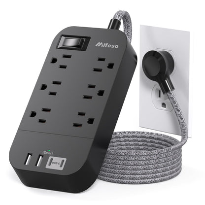 Power Strip - 10 FT Long Flat Plug Extension Cord, 6 Outlets 2 USB A 2 USB C Ports Outlet Extender with Overload Protection, Wall Mount, Desktop Charging Station for Home, Office and Dorm Essential