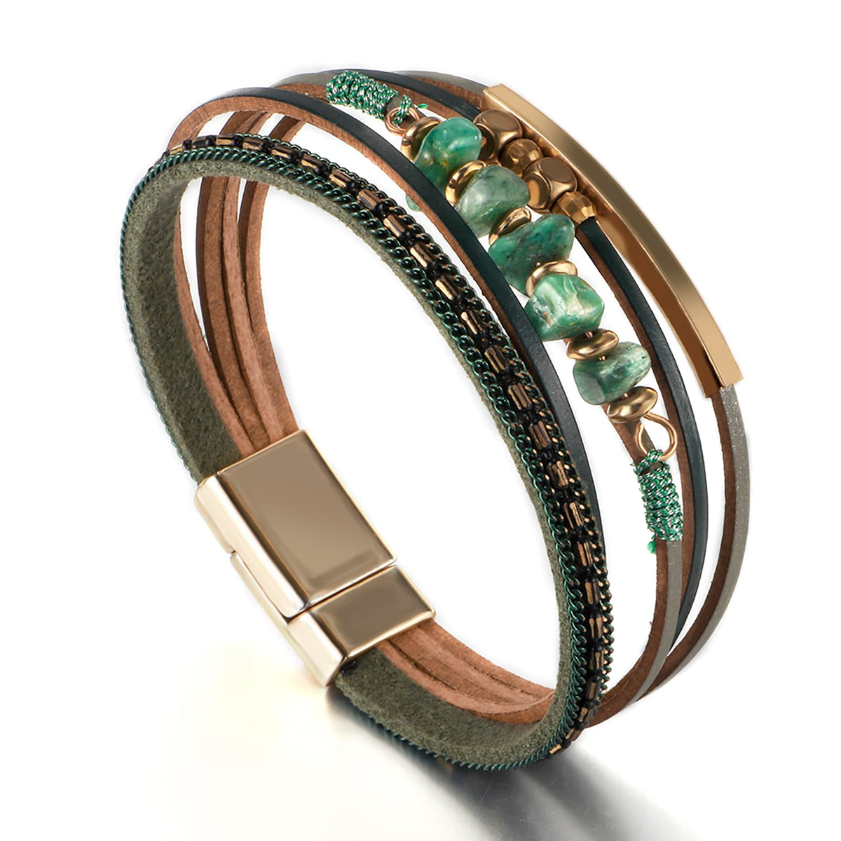 Fesciory Leather Wrap Bracelets for Women, Boho Leopard Multi-Layer Crystal Beads Cuff Bracelet Jewelry (Stone(Green1))