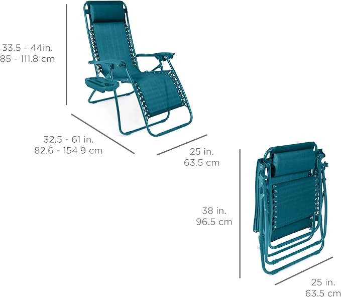 Best Choice Products Set of 2 Adjustable Steel Mesh Zero Gravity Lounge Chair Recliners w/Pillows and Cup Holder Trays - Peacock