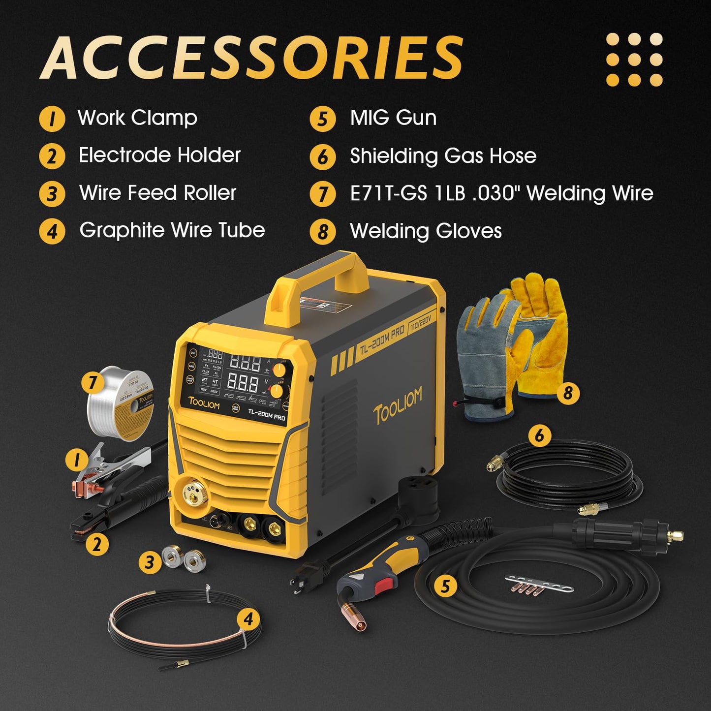 TOOLIOM 200A MIG Welder 5 in 1 MIG/Flux MIG/Spool Gun Mig/Lift TIG/Stick Welder 110/220V Dual Voltage Aluminum Welding Machine