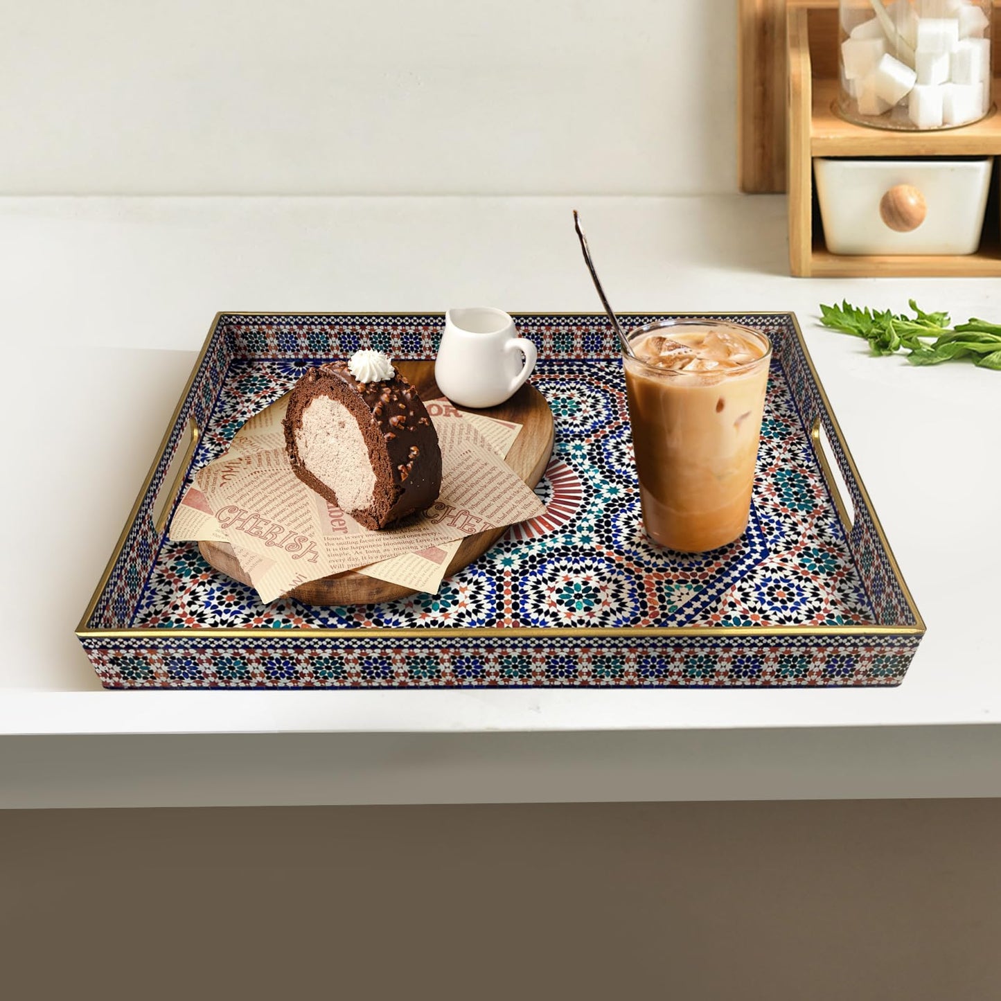 Plastic Coffee Trays,Serving Tray,Bohemian Blue Tray,15.7" L x 11.8" W x 1.57" H,Lightweight and Non-Slip with Handles,Perfect for Restaurants,Cafés,and Home Use(Rectangle Bohemian Blue)