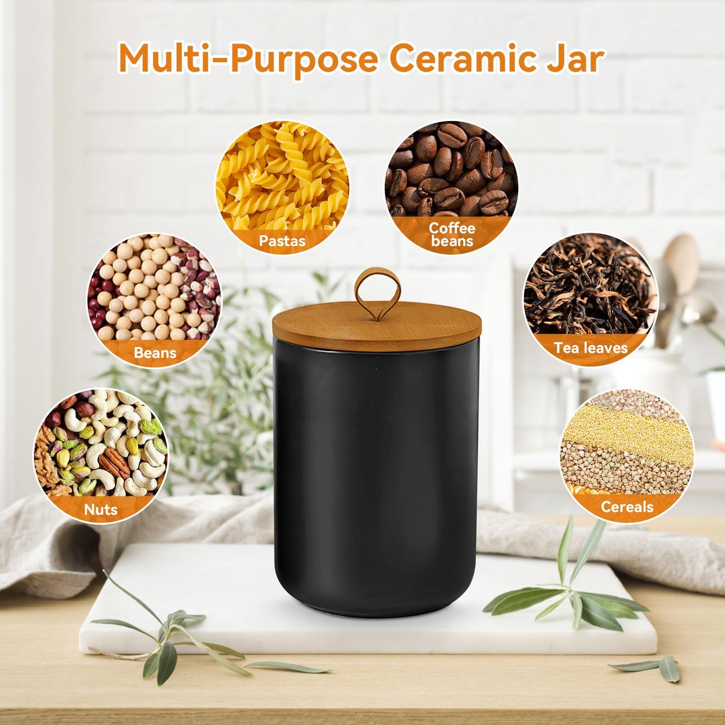 GENDLTHIJ Canister Sets for Kitchen,Ceramic Kitchen Canisters for Countertop with Airtight Wood Lids for Serving Ground Coffee, Tea, Spice, Grains, Sugar, Salt (Black Pack of 3 (8.7/27/44 Oz))