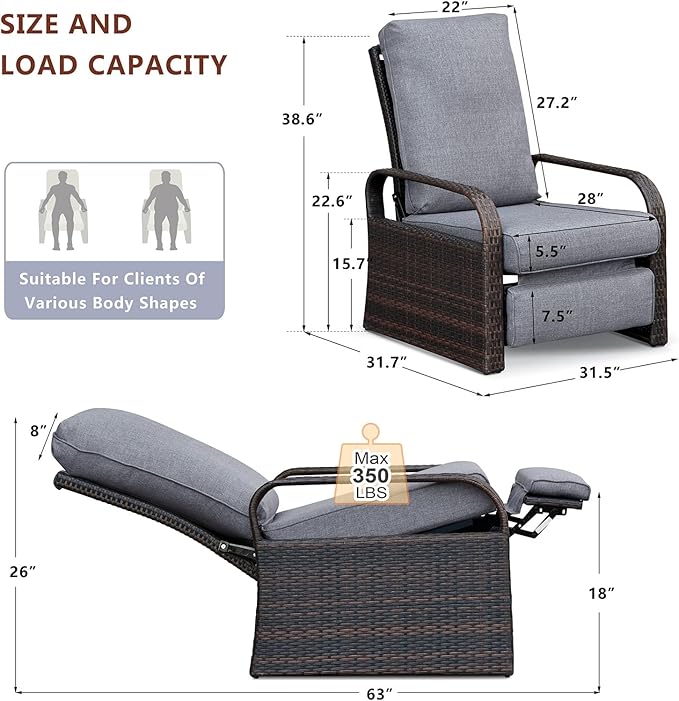 ATR ART TO REAL Outdoor Wicker Recliner Chair with 5.5'' Cushions, Automatic Adjustable Patio Chaise Lounge Chairs, Aluminum Frame Reclining Chair, UV Resistant, Rustless (Grey)