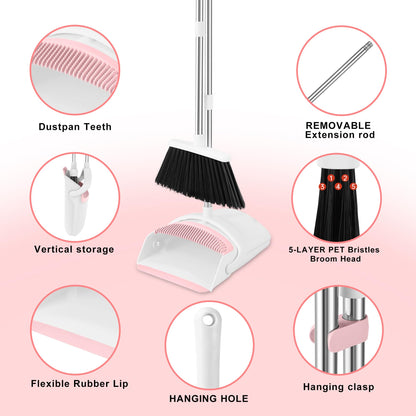 Broom with Dustpan Combo Set for Home 52-in Long Adjustable Handle Angle Broom and Dustpan Set with Dustpan Comb Teeth for Sweeping Pet Hair Food Dirt Kitchen