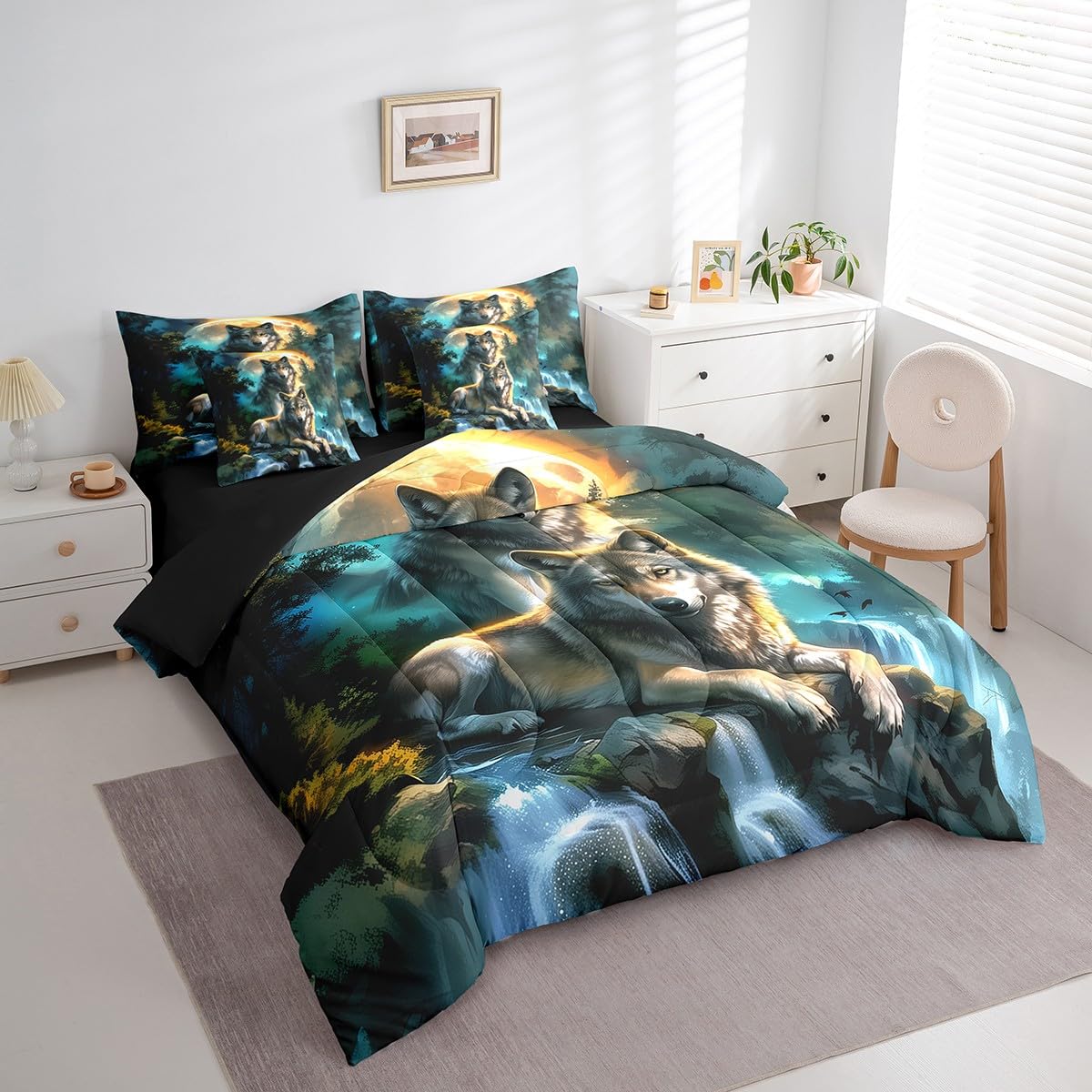 Feelyou Wolf 7 Pieces Bedding Set Queen Size Mountain Moon Wolves Comforter Set with Sheets for Kids Boys Girls Wild Animals Bed in a Bag Fantasy Wildlife Print Bed Set