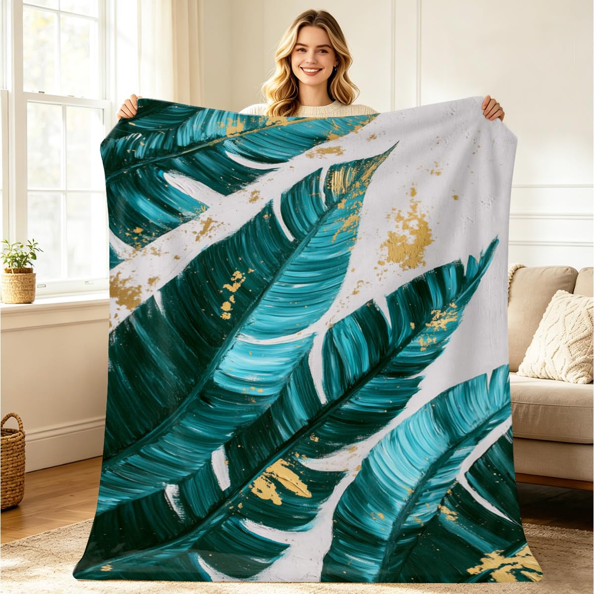 HUNXIAOJ Tropical Blankets and Throws Tropical Plant Blanket for Couch Bed Room Home Decor Tropic Leaf Throws Teal Gold Botanical Decor Flannel Gifts for Women Adults Kids 49"x59"